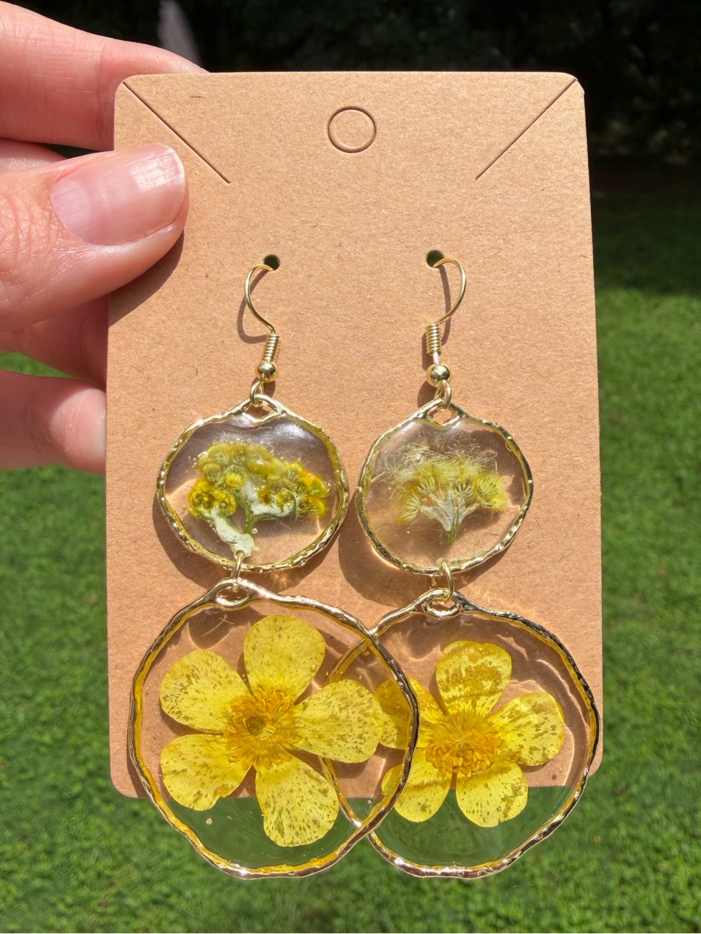 E11 Handmade Real Pressed Flower Resin Earrings | Gold Floral Botanical Jewelry